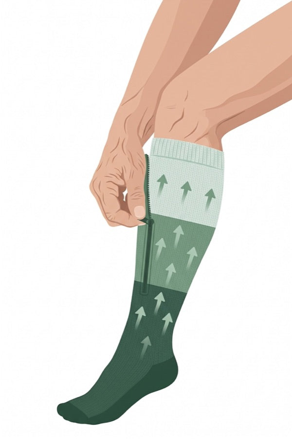 Illustrazione della compressione graduata: più decisa alla caviglia, più leggera sotto il ginocchio